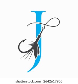 Fishing Logo On Letter J Concept With Fishing Hook And Fishing Lure Symbol