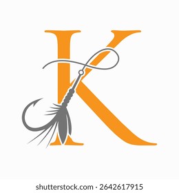 Fishing Logo On Letter K Concept With Fishing Hook And Fishing Lure Symbol