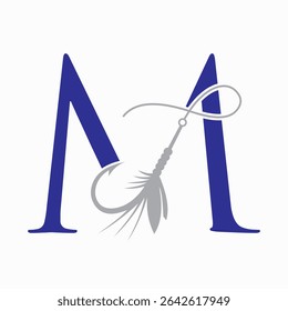 Fishing Logo On Letter M Concept With Fishing Hook And Fishing Lure Symbol