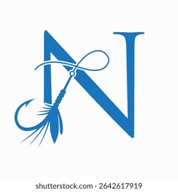 Fishing Logo On Letter N Concept With Fishing Hook And Fishing Lure Symbol