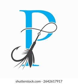 Fishing Logo On Letter P Concept With Fishing Hook And Fishing Lure Symbol