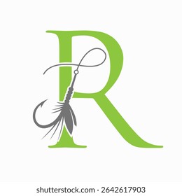 Fishing Logo On Letter R Concept With Fishing Hook And Fishing Lure Symbol