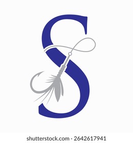 Fishing Logo On Letter S Concept With Fishing Hook And Fishing Lure Symbol