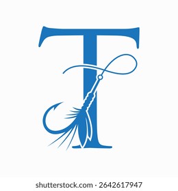 Fishing Logo On Letter T Concept With Fishing Hook And Fishing Lure Symbol