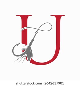Fishing Logo On Letter U Concept With Fishing Hook And Fishing Lure Symbol