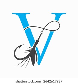 Fishing Logo On Letter V Concept With Fishing Hook And Fishing Lure Symbol