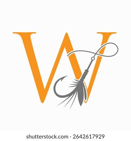 Fishing Logo On Letter W Concept With Fishing Hook And Fishing Lure Symbol
