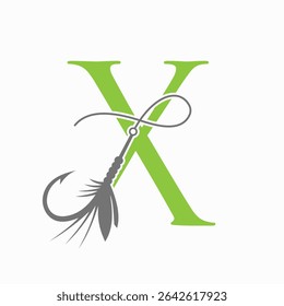 Fishing Logo On Letter X Concept With Fishing Hook And Fishing Lure Symbol