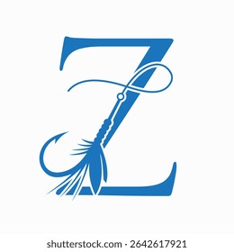 Fishing Logo On Letter Z Concept With Fishing Hook And Fishing Lure Symbol