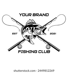 Fishing logo with rod. Fishing vector for logo, stamp, emblem, badge. Fishing sport. Vintage fishing club logo