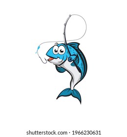 fishing logo salmon fish mascot cartoon funny happy jump fish salmon blue fisher