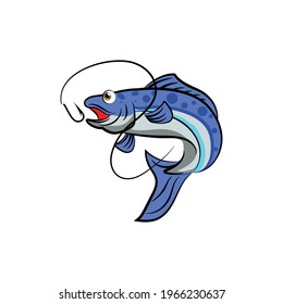 fishing logo salmon fish mascot cartoon funny happy jump fish salmon blue fisher