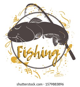 Fishing logo. Sheatfish. Fishing vector illustration. Isolated on white.