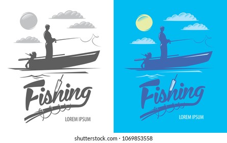 Fishing logo and silhouette of a fisherman in a boat