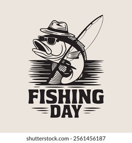 fishing logo, stylized cartoon fish, fedora hat, sunglasses, fishing rod, black and white illustration