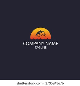 The fishing logo with sunset and fish design elements.