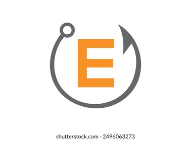 Fishing logo template, Fishing Logo Icon, unique fishing-related logo. simple. memorable. vector.with latter E