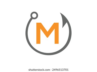 Fishing logo template, Fishing Logo Icon, unique fishing-related logo. simple. memorable. vector.with latter M