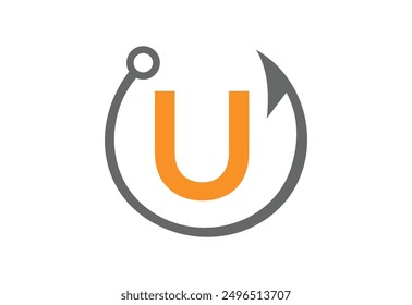 Fishing logo template, Fishing Logo Icon, unique fishing-related logo. simple. memorable. vector.with latter U