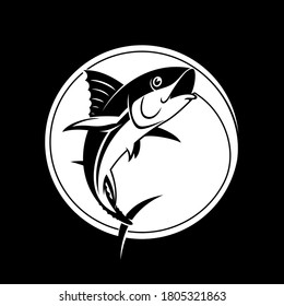 Fishing logo template - Tuna vector sign. Catching tuna on the hook. Black and white. Stock vector illustration.