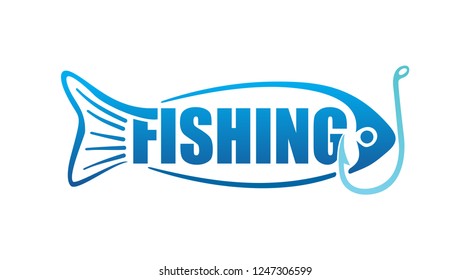 Fishing logo template - word integrated in stylized body silhouette of hook fish - vector isolated emblem or icon