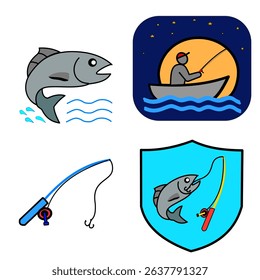 Fishing logo vector featuring fish, hook, and water elements. Perfect for fishing clubs, outdoor brands, sport fishing, seafood businesses, and adventure gear identity.