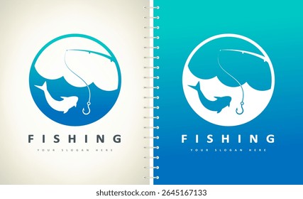 Fishing logo vector. Fish and rod design. Shop everything for fishing. Fishing gear	