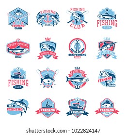 Fishing logo vector fishery logotype with fisherman in boat and emblem with fished fish for fishingclub illustration set isolated on white background