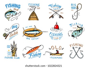 Fishing logo vector fishery logotype with fisherman in boat and emblem with catched fish on fishingrod illustration set for fishingclub isolated on white background