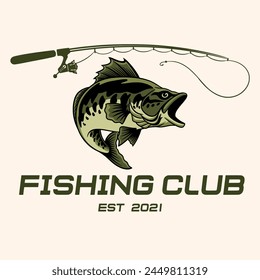 Fishing logo. Fishing vector illustration for logo, stamp, emblem, badge. Fishing sport. Vintage fishing logo with rod