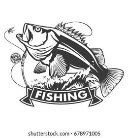 Fishing Logo.Rock Fish. Bass Fish With Rod Club Emblem. Fishing Theme Vector Illustration. Isolated On White.