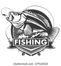 Fishing Logo.Rock Fish. Bass Fish With Rod Club Emblem. Fishing Theme Vector Illustration. Isolated On White.