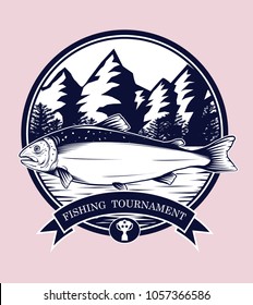 Fishing logos vector by hand drawing.Salmon art highly detailed in line art style.Salmon fish are jumping Snatch lure fake bait.Fishing logos for tournament