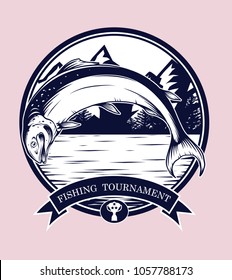 Fishing logos vector by hand drawing.Salmon art highly detailed in line art style.Salmon fish are jumping Snatch lure fake bait.Fishing logos for tournament