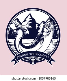 Fishing logos vector by hand drawing.Salmon art highly detailed in line art style.Salmon fish are jumping Snatch lure fake bait.Fishing logos for tournament