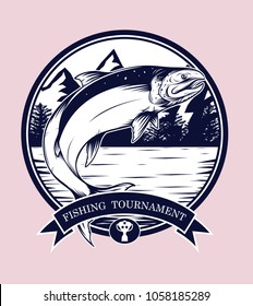 Fishing logos vector by hand drawing.Salmon art highly detailed in line art style.Salmon fish are jumping Snatch lure fake bait.Fishing logos for tournament