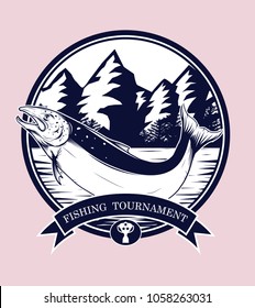 Fishing logos vector by hand drawing.Salmon art highly detailed in line art style.Salmon fish are jumping Snatch lure fake bait.Fishing logos for tournament