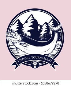 Fishing logos vector by hand drawing.Salmon art highly detailed in line art style.Salmon fish are jumping Snatch lure fake bait.Fishing logos for tournament