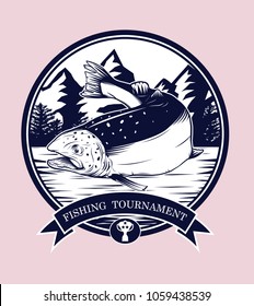 Fishing logos vector by hand drawing.Salmon art highly detailed in line art style.Salmon fish are jumping Snatch lure fake bait.Fishing logos for tournament