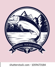 Fishing logos vector by hand drawing.Salmon art highly detailed in line art style.Salmon fish are jumping Snatch lure fake bait.Fishing logos for tournament