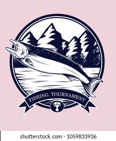 Fishing logos vector by hand drawing.Salmon art highly detailed in line art style.Salmon fish are jumping Snatch lure fake bait.Fishing logos for tournament