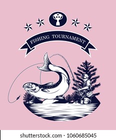 Fishing logos vector by hand drawing.Salmon art highly detailed in line art style.Salmon fish are jumping Snatch lure fake bait.Fishing logos for tournament
