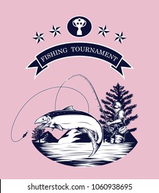 Fishing logos vector by hand drawing.Salmon art highly detailed in line art style.Salmon fish are jumping Snatch lure fake bait.Fishing logos for tournament