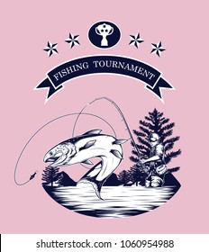 Fishing logos vector by hand drawing.Salmon art highly detailed in line art style.Salmon fish are jumping Snatch lure fake bait.Fishing logos for tournament