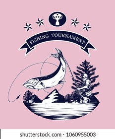 Fishing logos vector by hand drawing.Salmon art highly detailed in line art style.Salmon fish are jumping Snatch lure fake bait.Fishing logos for tournament