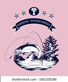 Fishing logos vector by hand drawing.Salmon art highly detailed in line art style.Salmon fish are jumping Snatch lure fake bait.Fishing logos for tournament