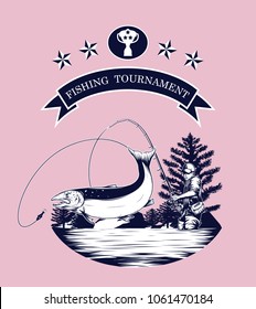Fishing logos vector by hand drawing.Salmon art highly detailed in line art style.Salmon fish are jumping Snatch lure fake bait.Fishing logos for tournament