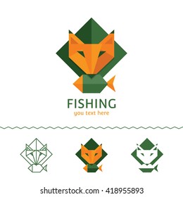 Fishing logotype. Fox holding a fish. Flat style, vector illustration.