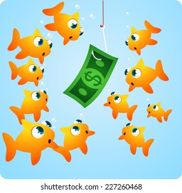 Fishing looking at Money in a hook vector illustration cartoon