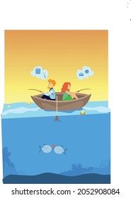 Fishing For Love Happiness Water Fishing Boat Lovers in Boat Design Sky Water Waves Character Blue